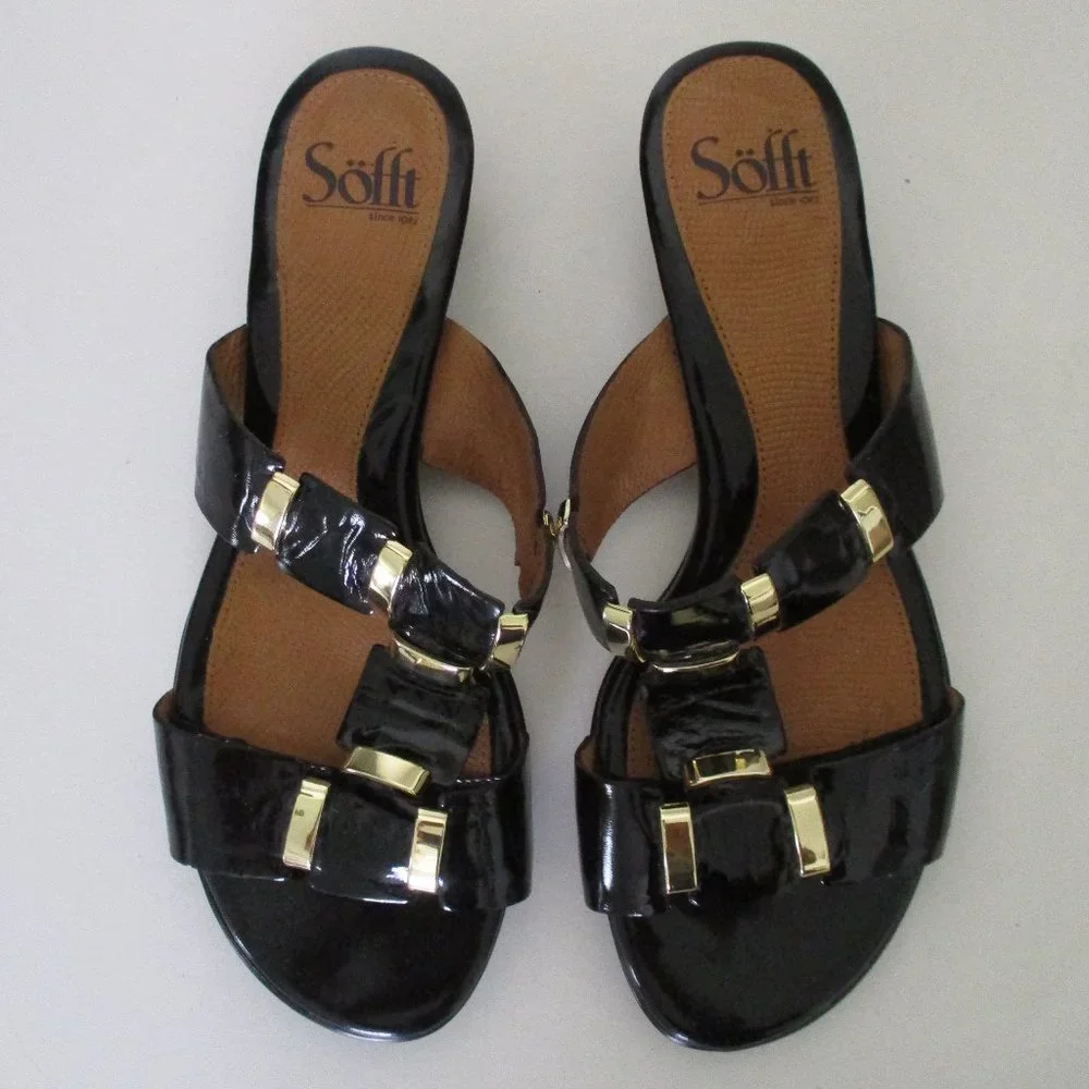 Sofft Womens Black Patent Leather Gold Accents Flat Slide Sandal NWOB - Size 8W - Picture 8 of 10